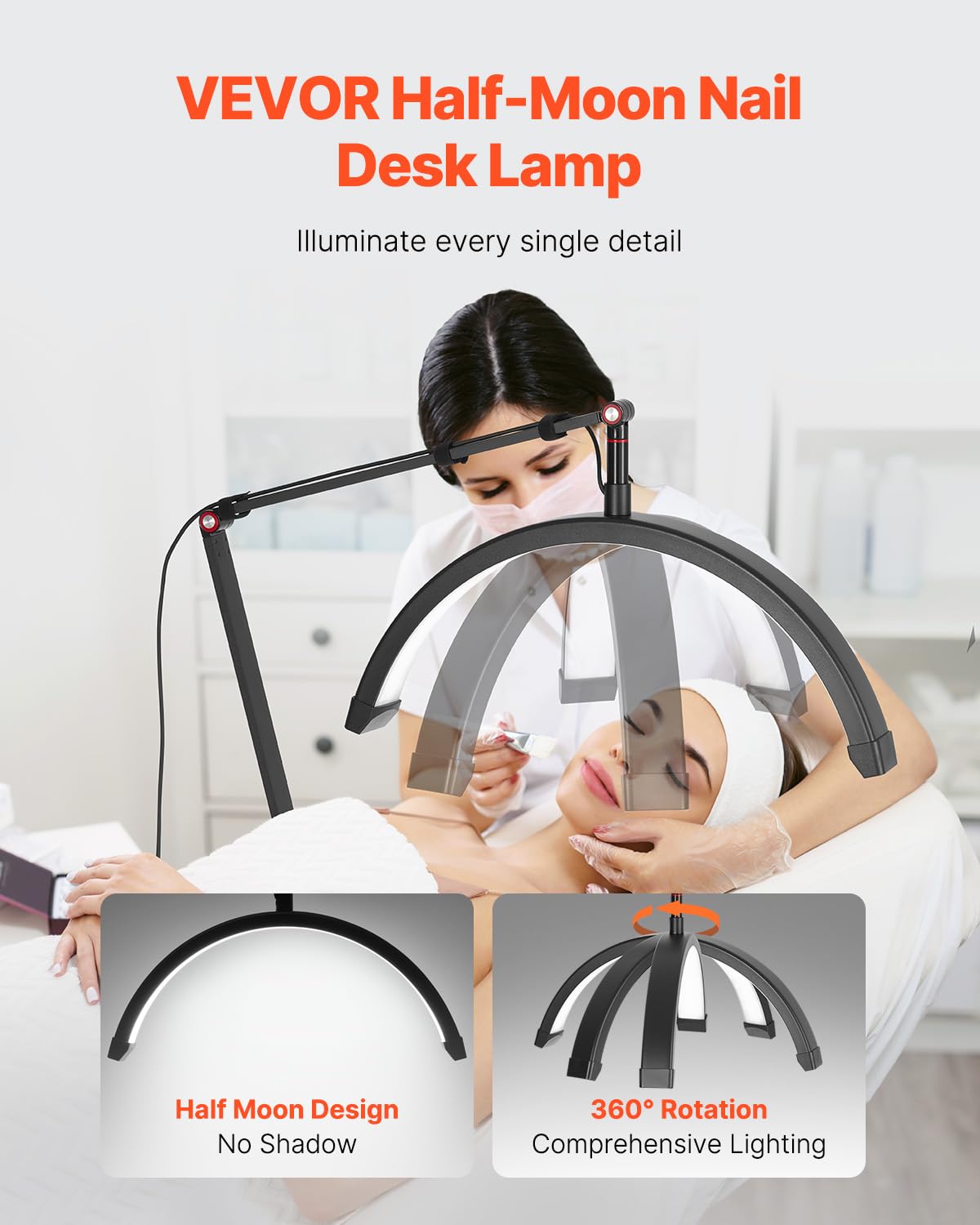 VEVOR Lampe d’Esthéticienne Demi-lune de Table, Lampe LED Arc pour Manucure Extension de Cils 20 W, Luminosité et Température de Couleur Réglables, avec Support de Téléphone, pour Beauté, Sourcils