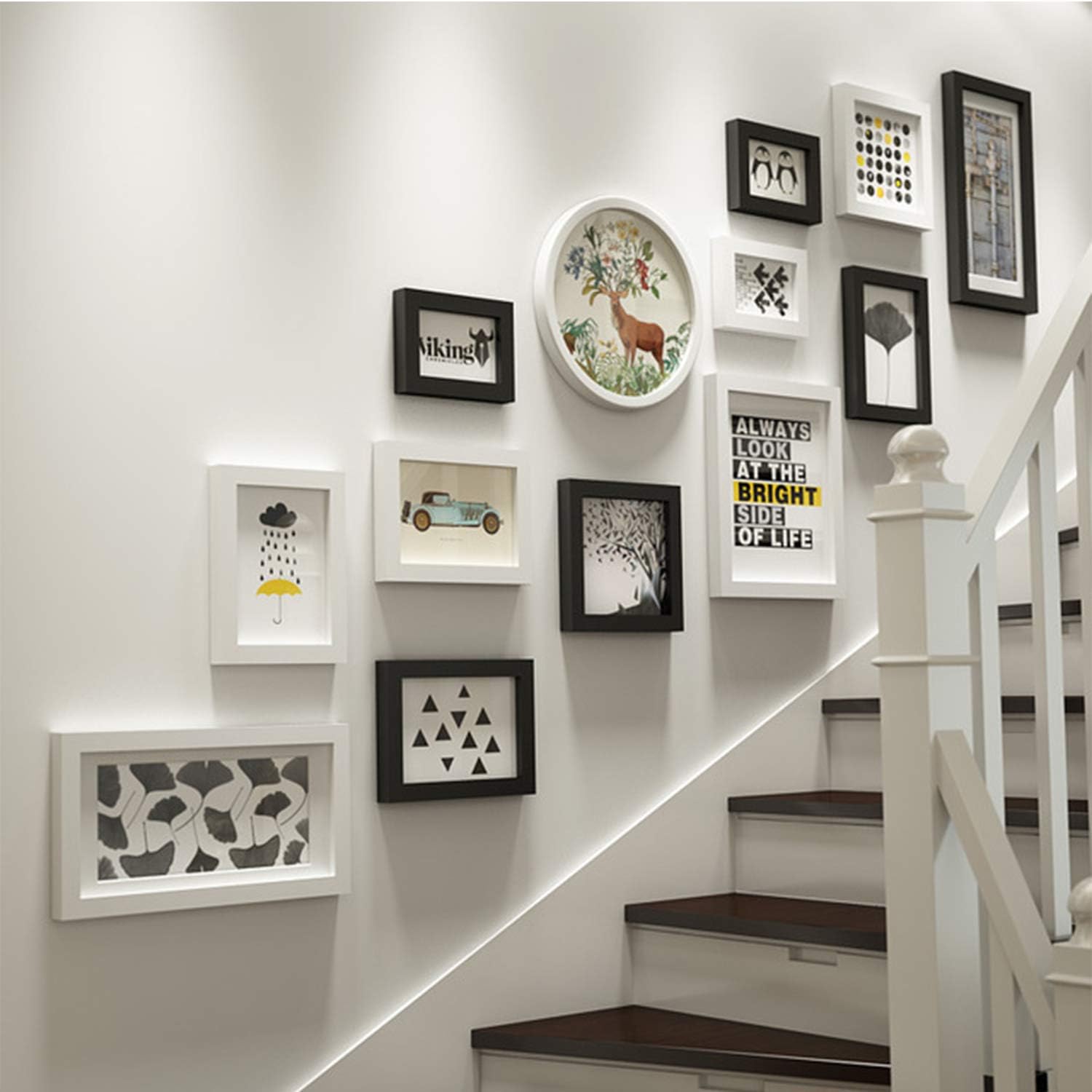 Photo Frame Collage Set, Wall-Mounted Wooden Frame Combination, Stairs Creative Photo Background Wall Decoration(Color:A)