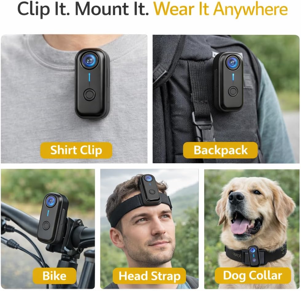 Acuvar Mini Body Camera 1080P with 64GB, Wearable POV Camera Kit with Dog Collar Mount, Head Strap & Handheld Tripod, Hands-Free Body Cam for Pet Walking, Travel, Work, Action Recording (Black)