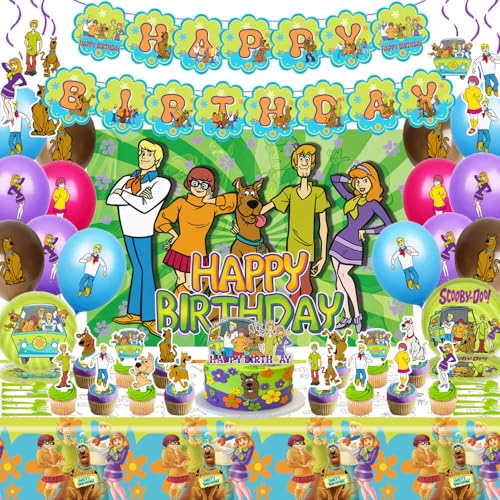 Scooby Dog Doo Birthday Party Decorations Supplies, Including Birthday Banner, Tablecloth, Backdrop, Hanging Swirls, Balloons, Cake Toppers, Plates, Forks, Spoons for Dog Party Supplies
