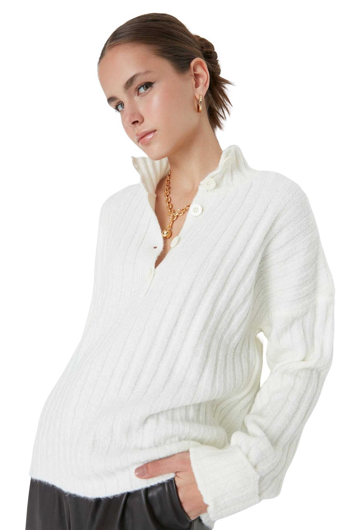Trendyol Women Oversize Basic High Neck Knitwear Sweater Ecru