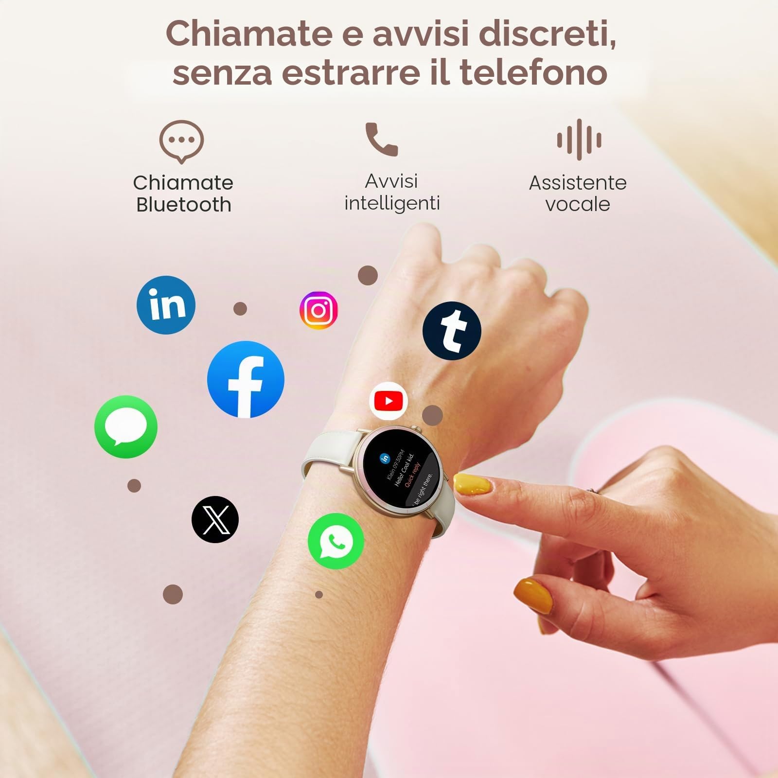 Smartwatch Donna, 1,27'' HD Orologio Smartwatch Piccolo Rotondo con Cardiofrequenzimetro/SpO2/Sonno/Ciclo Mestruale, 100+ Modalità Sportive/Contapassi Smart Watch per Android iOS, Rosa/Avorio