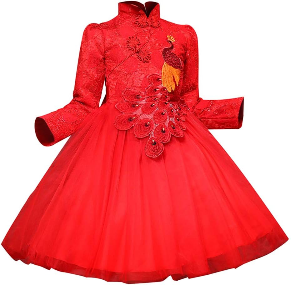 Girls Chinese Cheongsam Qipao Dress, Kids Traditional Oriental Asian Retro Embroidery Princess Party Tutu for 3-12 Years