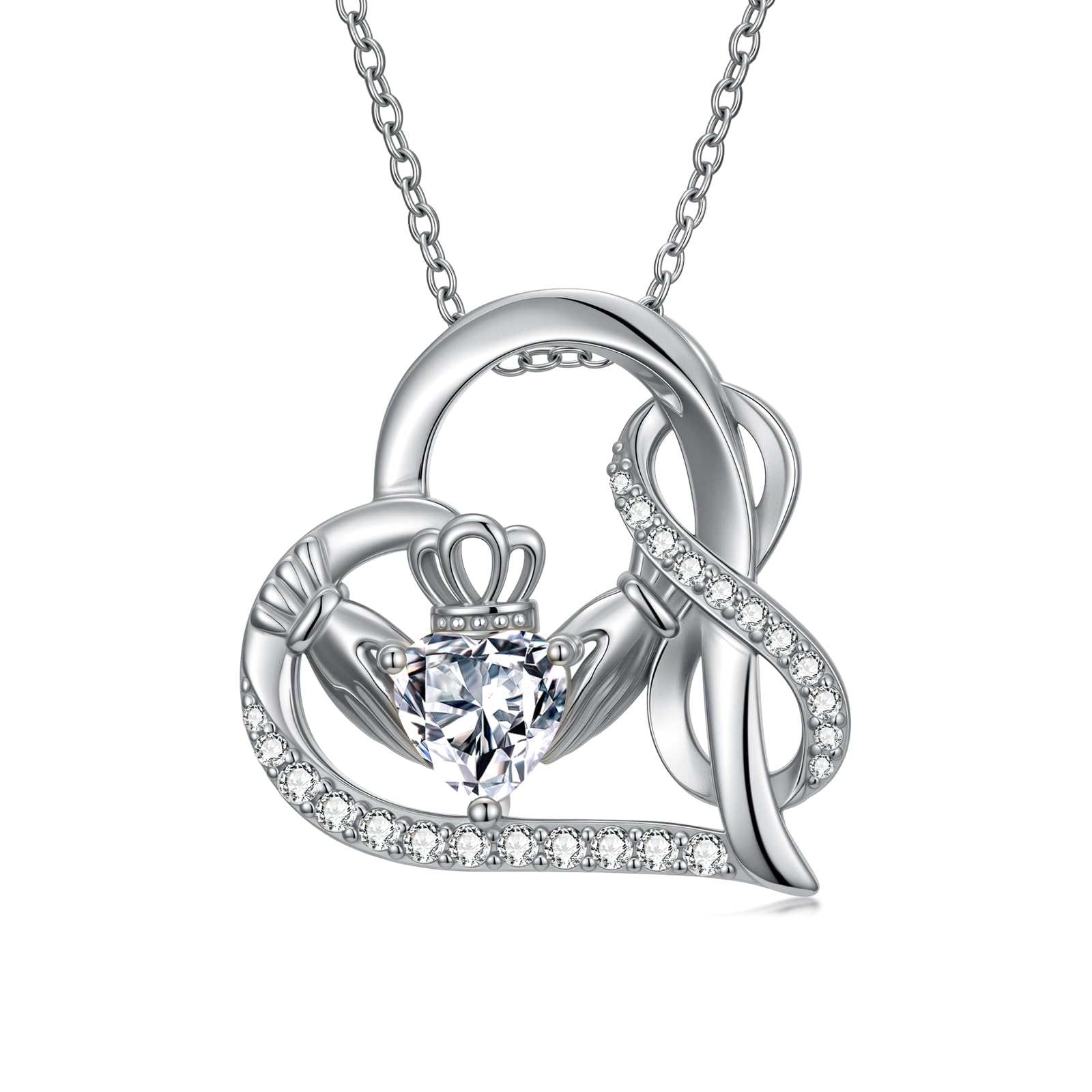Claddagh Infinity Necklace for Women, S925 Sterling Silver White Gold -plated Birthstone Infinitive Love Heart Pendant Necklace Irish Jewelry Anniversary Birthday Gift