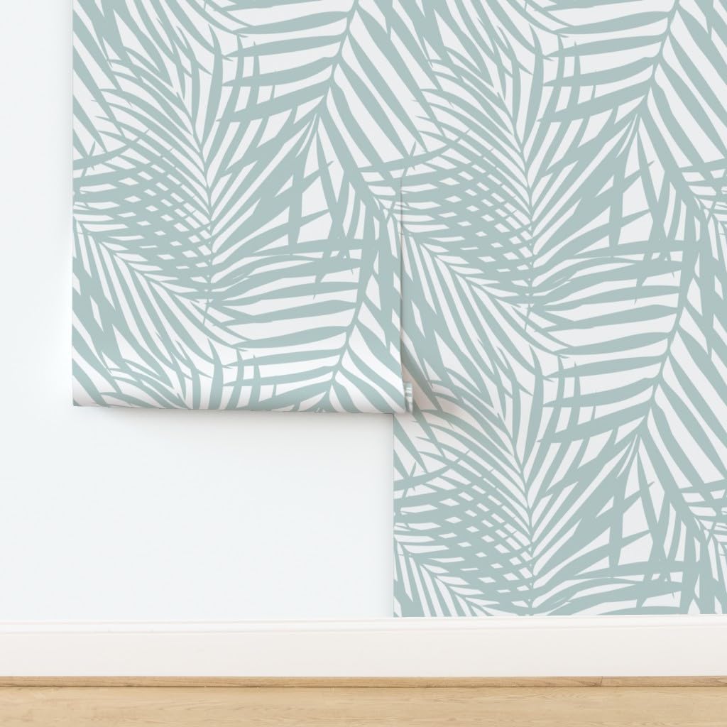 Peel & Stick Wallpaper Swatch - Pastel Blue Palm Fronds Tropical Beach Coastal Island Leaves Custom Removable Wallpaper by Spoonflower