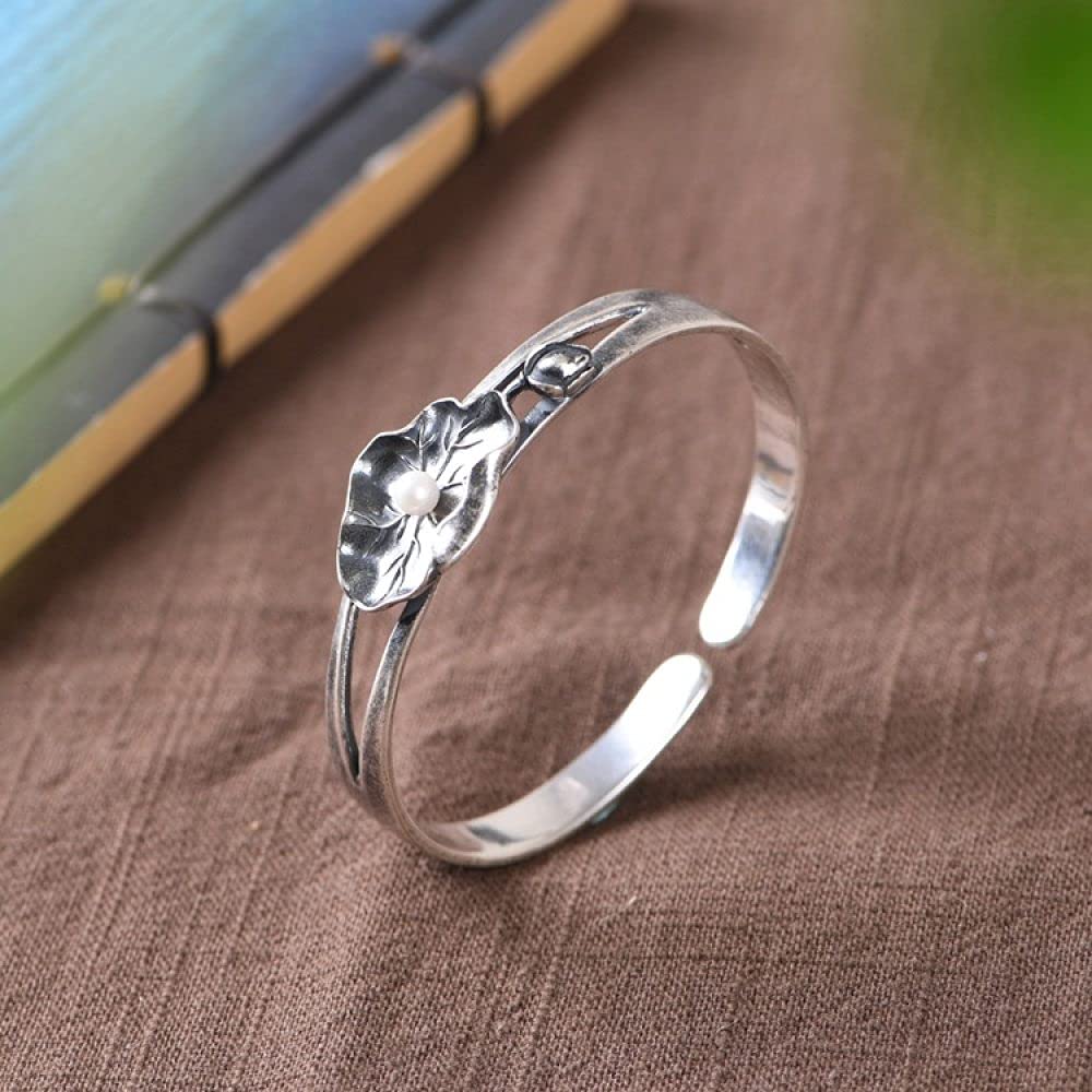Silberarmreif für Damen, S925-Silberarmband, Vintage-Lotusblatt mit Perle, offener Armreif, Freundschaftsarmbänder, Sterlingsilber-Schmuck für Frauen, Freundin