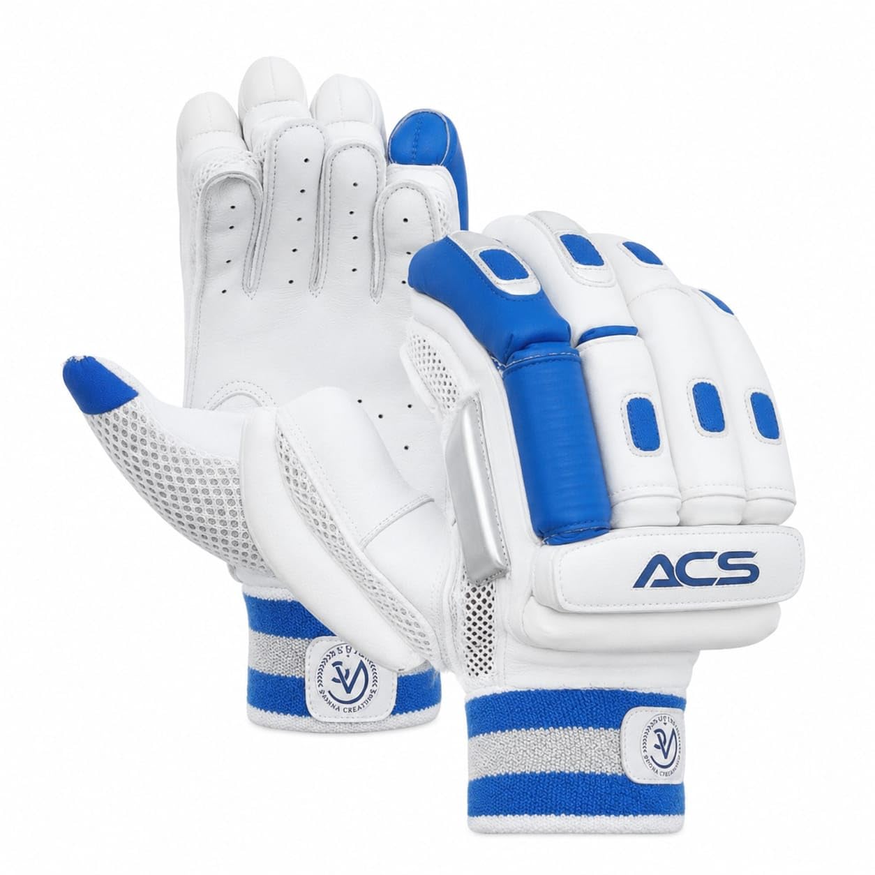 Annanya Creations Premium Leather Cricket Batting Gloves for Men | Professional Grade | Extra Finger Protection | Sweat Absorbing & Breathable | Right Hand | White Blue/Black Edition (White)-image-25