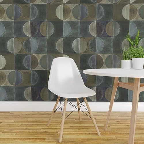 Miniatura 3 de Spoonflower Removable Wallpaper Swatch - Stone Tiles Black Brown Green Circle 70S Moon Neutral Custom Pre-Pasted Wallpaper