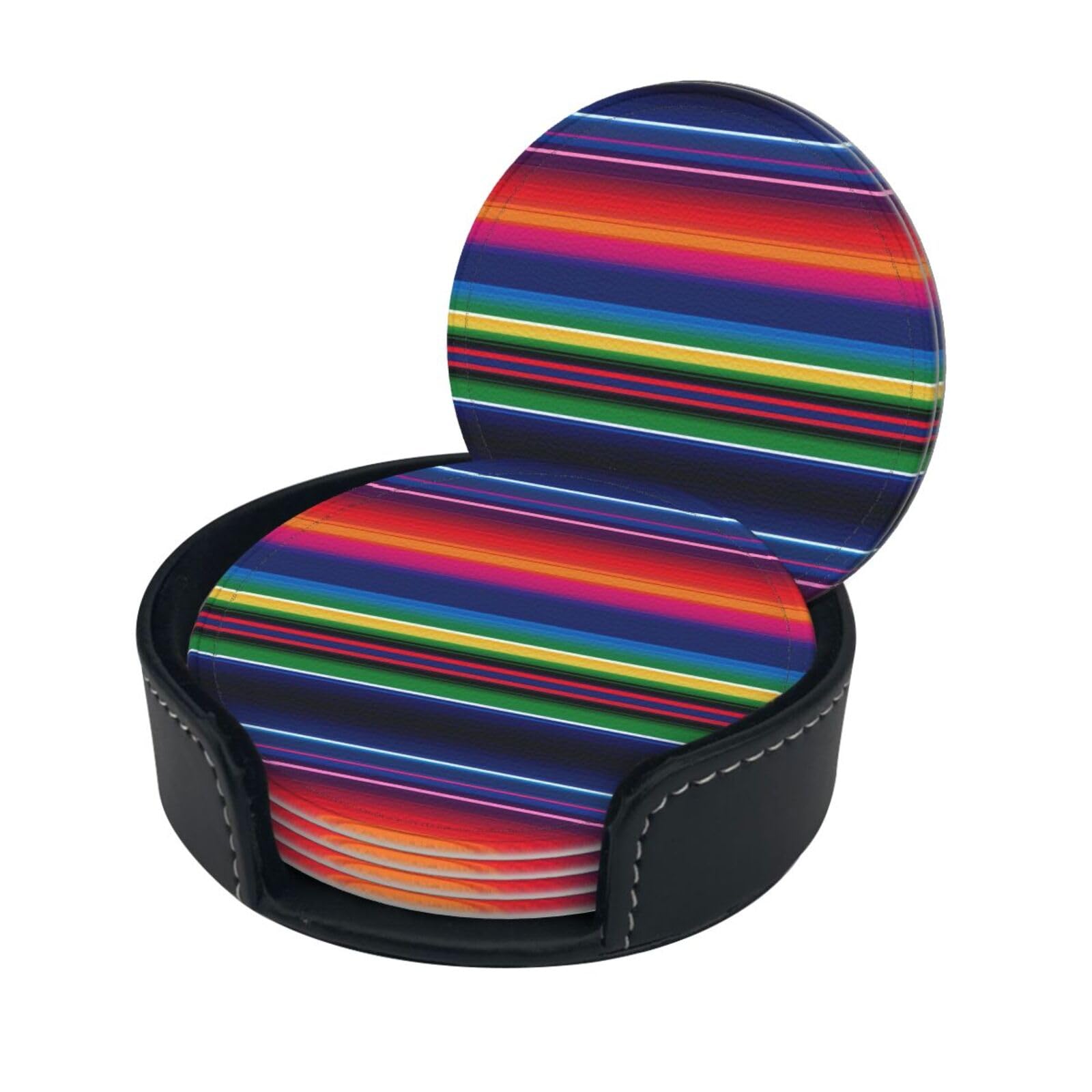 Smazdfxx Women's As Pic Stylish Coasters - Colorful Mexican Stripes Set Of 6 Round Leather Drink Coasters With Holder - Perfect Size For Cups And Glasses