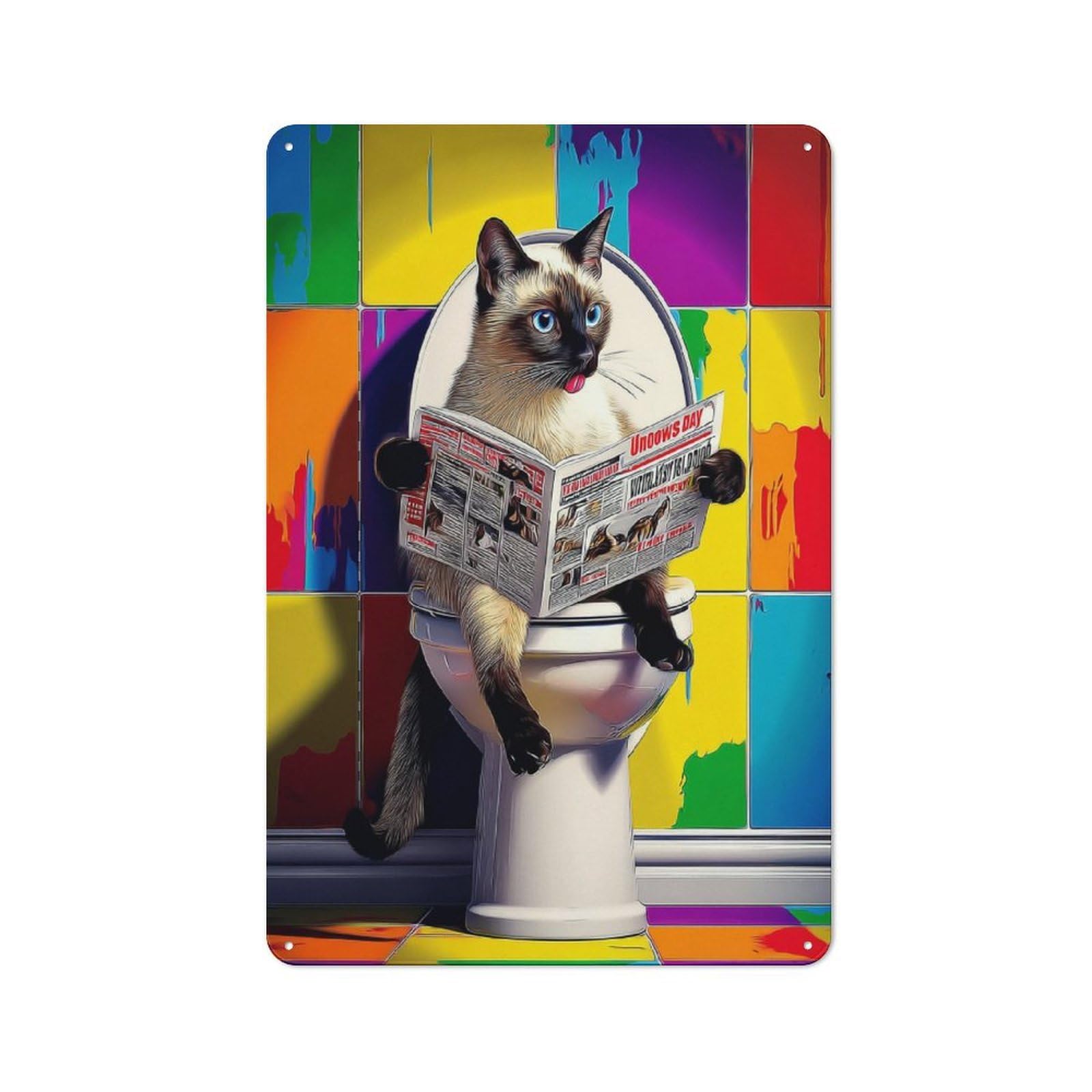 Junmoney Cat On Toilet Reading Newspaper -1 Rustic Metal Sign 30X20cm For Café Or Restaurant, Suited To Café Owners And Decorators