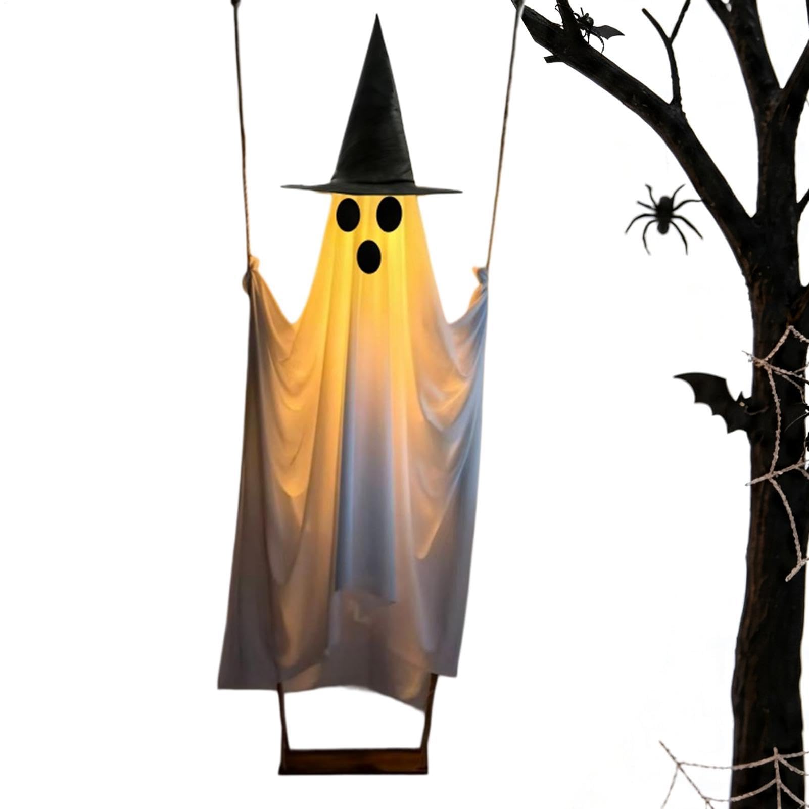 Halloween Swinging Ghost - Light Up Hanging Prop, Witch Hat Decoration