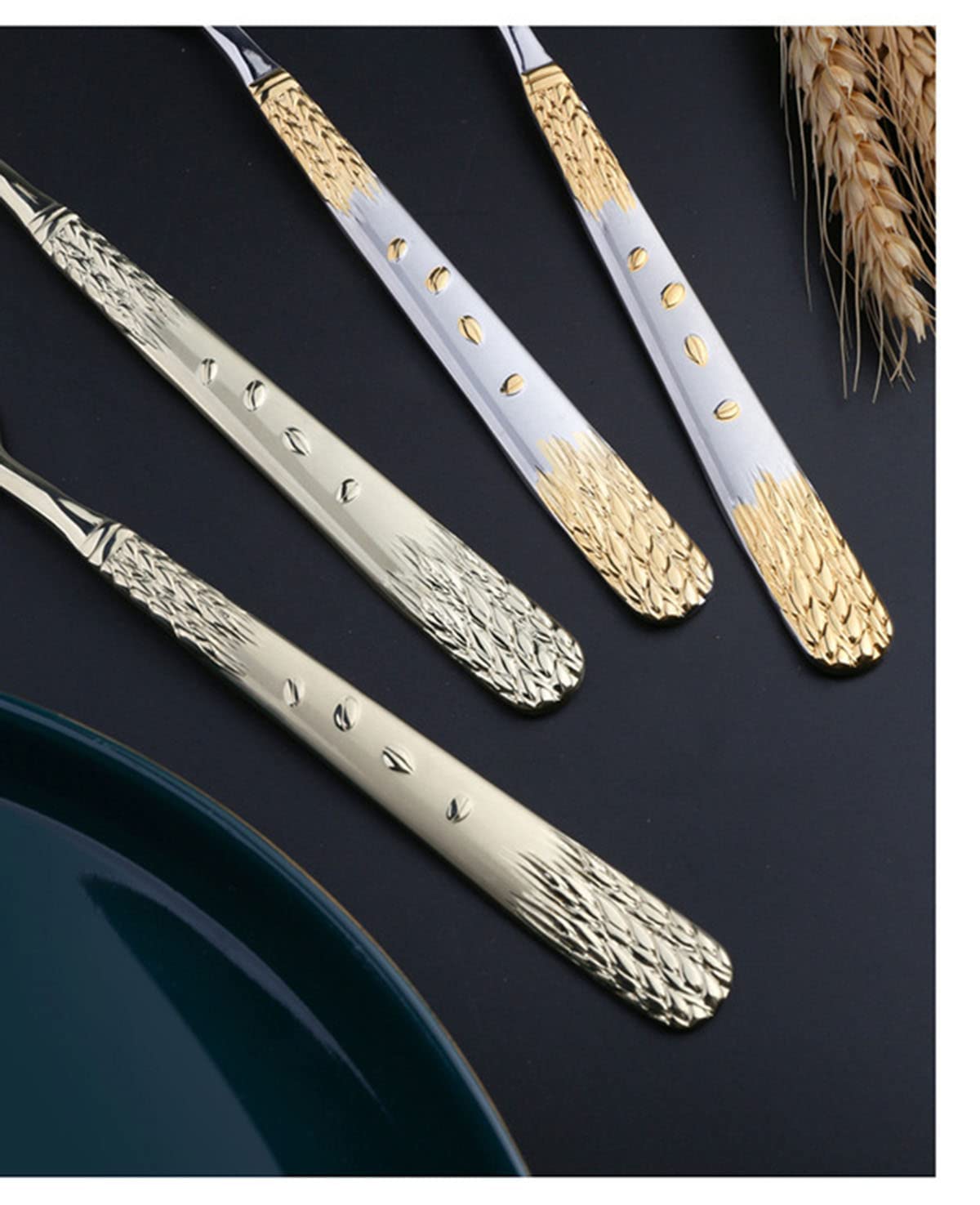 Cubiertos plateados y dorados para 24 personas, juego de 120 piezas de cuchillo, tenedor y cuchara, juego de cena Elegant Life, cubiertos aptos para lavavajillas. (Servicio de banquete para 4)