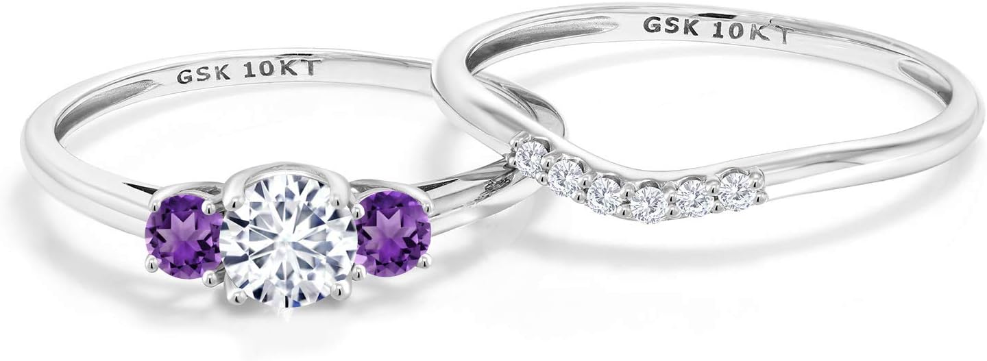 Gem Stone King 10K White Gold Moissanite Amethyst and Lab Grown Diamond 3-Stone Bridal Engagement Wedding Ring Set For Women | 0.77 Cttw | Available In Size 5, 6, 7, 8, 9