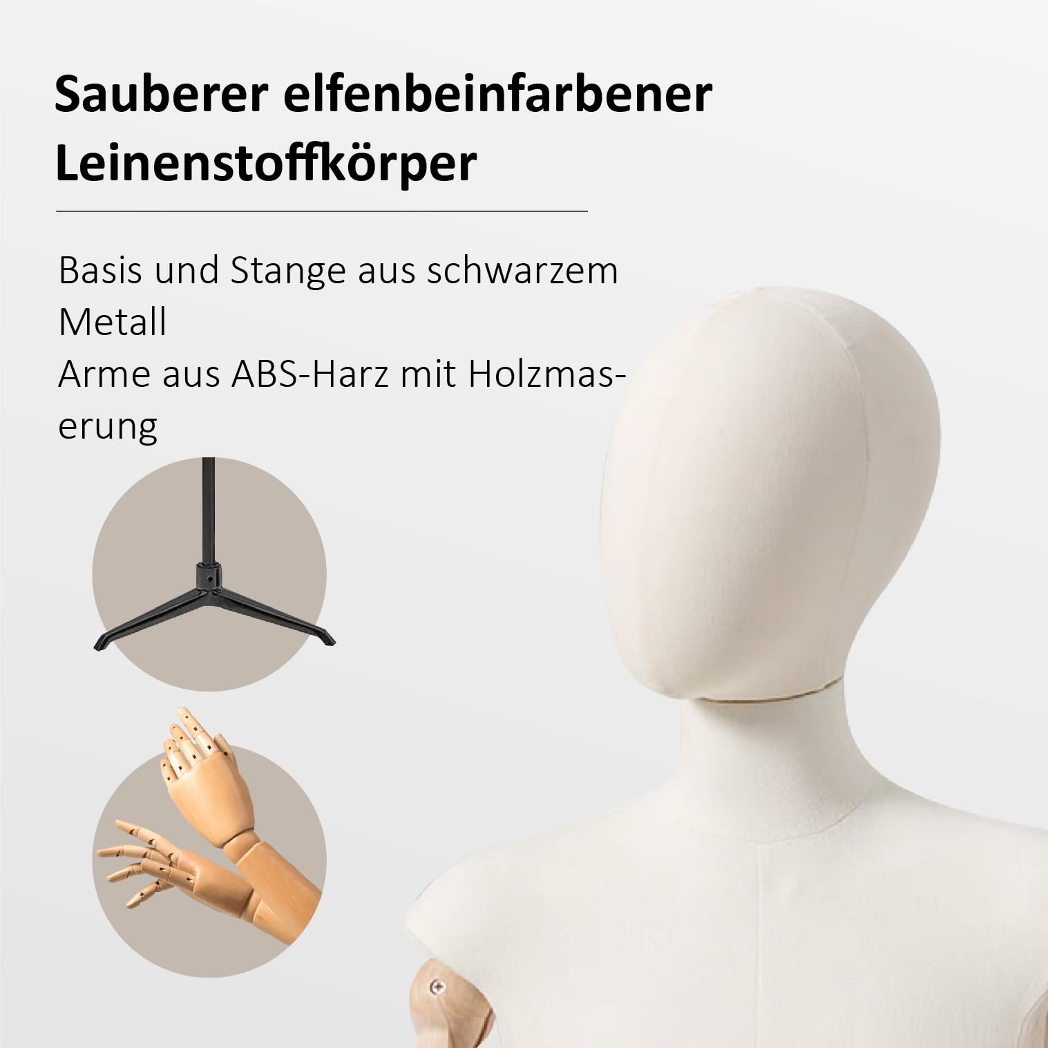 Kurflo Schaufensterpuppe Körper Weiblich, Schneiderpuppe mit abnehmbarem Kopf, Damenbüste mit flexiblen Armen, Mannequin Torso mit Verstellbare Höhe 132-190cm