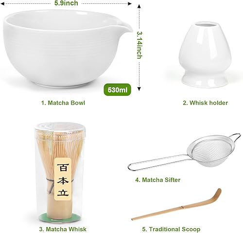 Miniatura 5 de Juego de té japonés de 5 piezas Matcha con boquilla, batidor, cuchara y tamizador, juego de té japonés de 5 piezas