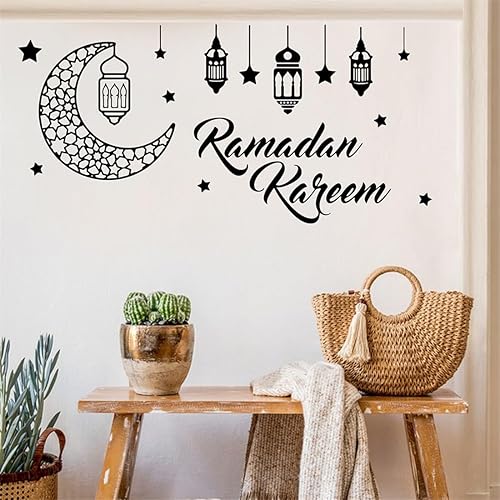 Moon Stars and Lamp Wall Decals, 1 Sheet Removable Vinyl Wall Stickers, Peel and Stick Wall Decro Mural for Baby Kids Bedroom, Living Room, Black