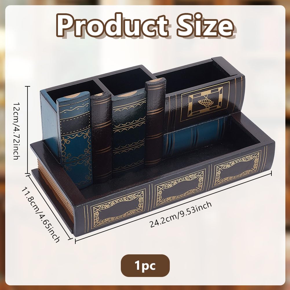OLYCRAFT Portalápices decorativo con cajón de almacenamiento, diseño de libros antiguos de biblioteca, soporte de madera para lápices, organizador decorativo de escritorio para decoración de oficina y