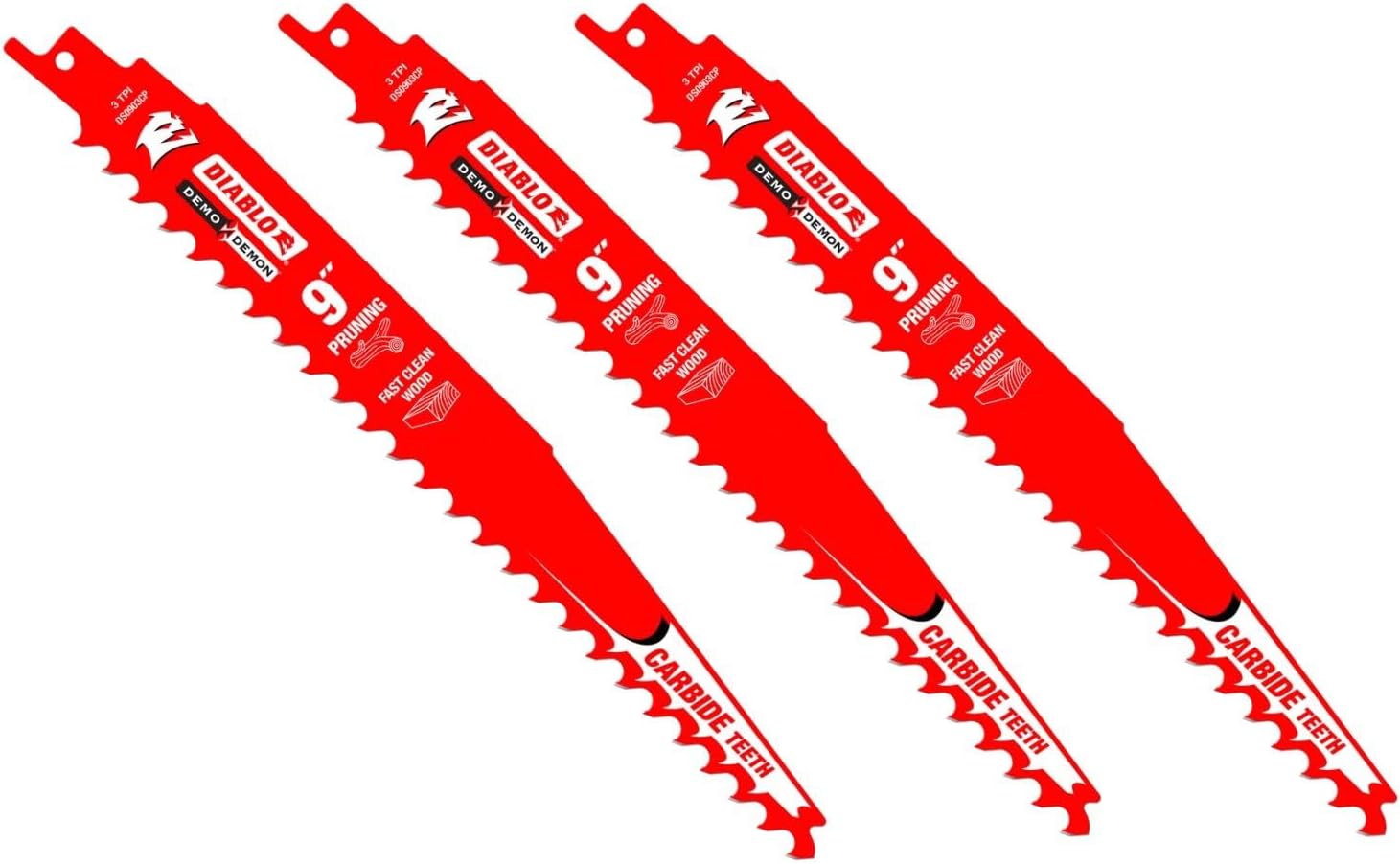 Diablo Demo Demon Carbide Tipped Reciprocating Saw Blades for Pruning and Clean Wood - Carbide Tooth Design - 9" Length, 3 TPI, 3-Pack - DS0903CP3