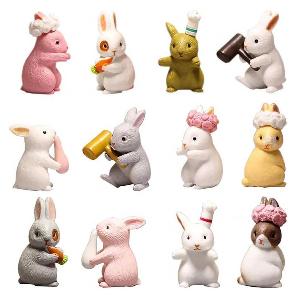 12 Pcs Cute Bunny with Different Characters, Lovely Easter Bunny Figurines, Mini Rabbit Miniature Decorations, Easter Cake Topper (Rabbit)