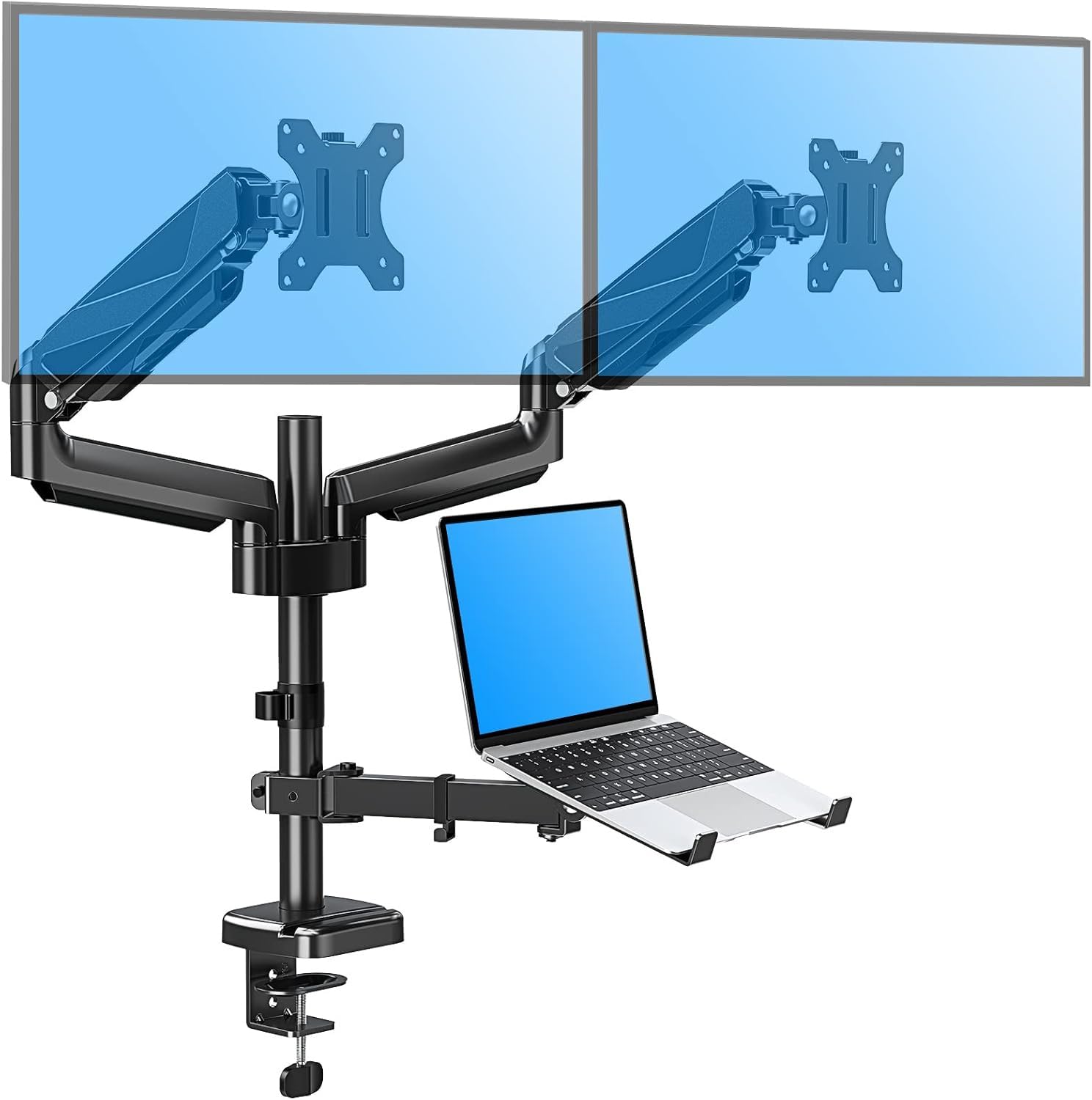 TriMount Uchwyt Biurkowy na 2 Monitory i Laptop 13–32” | Regulowany, Obrotowy, Ergonomiczny | VESA 75x75 / 100x100 | Ramię do Monitorów i Laptopa