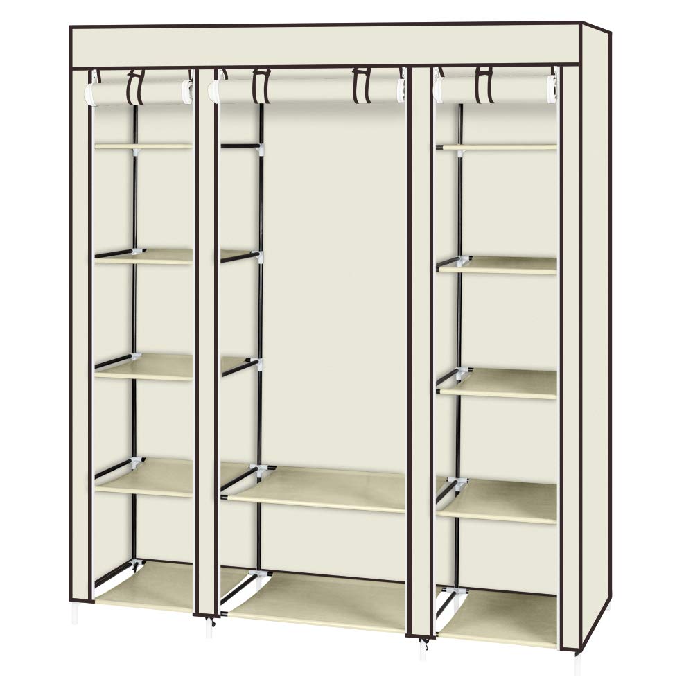 Bonnlo Armario de Tela para Ropa, Armario Portátil con Barras para Colgar, Armario Plegable, para Dormitorio, Estudio, 12 Estantes, 150 x 45 x 175 cm (Crema, 150cm-12)