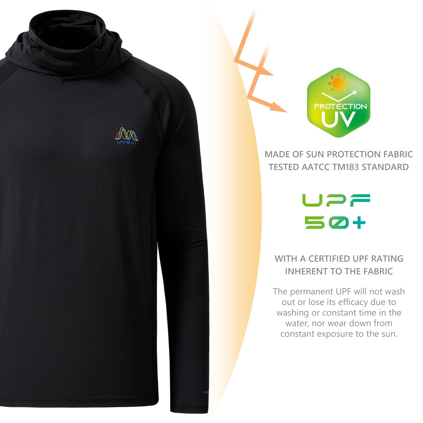 Mens UPF 50 Hoodie Shirt with Mask Long Sleeve Permanent UV Sun Protection Neck Gaiter Performance T for Outdoor product thumbnail 5
