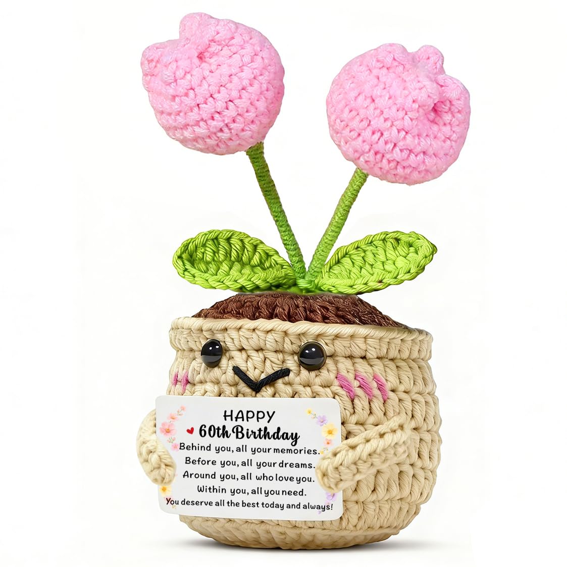 TTOVEN 60th Birthday Gifts for Women Men Happy Birthday Gifts for Mum,Best Friend,Daughter,Son,Sister,Classmate Handmade Crochet Tulip Flower with Positive Support Card