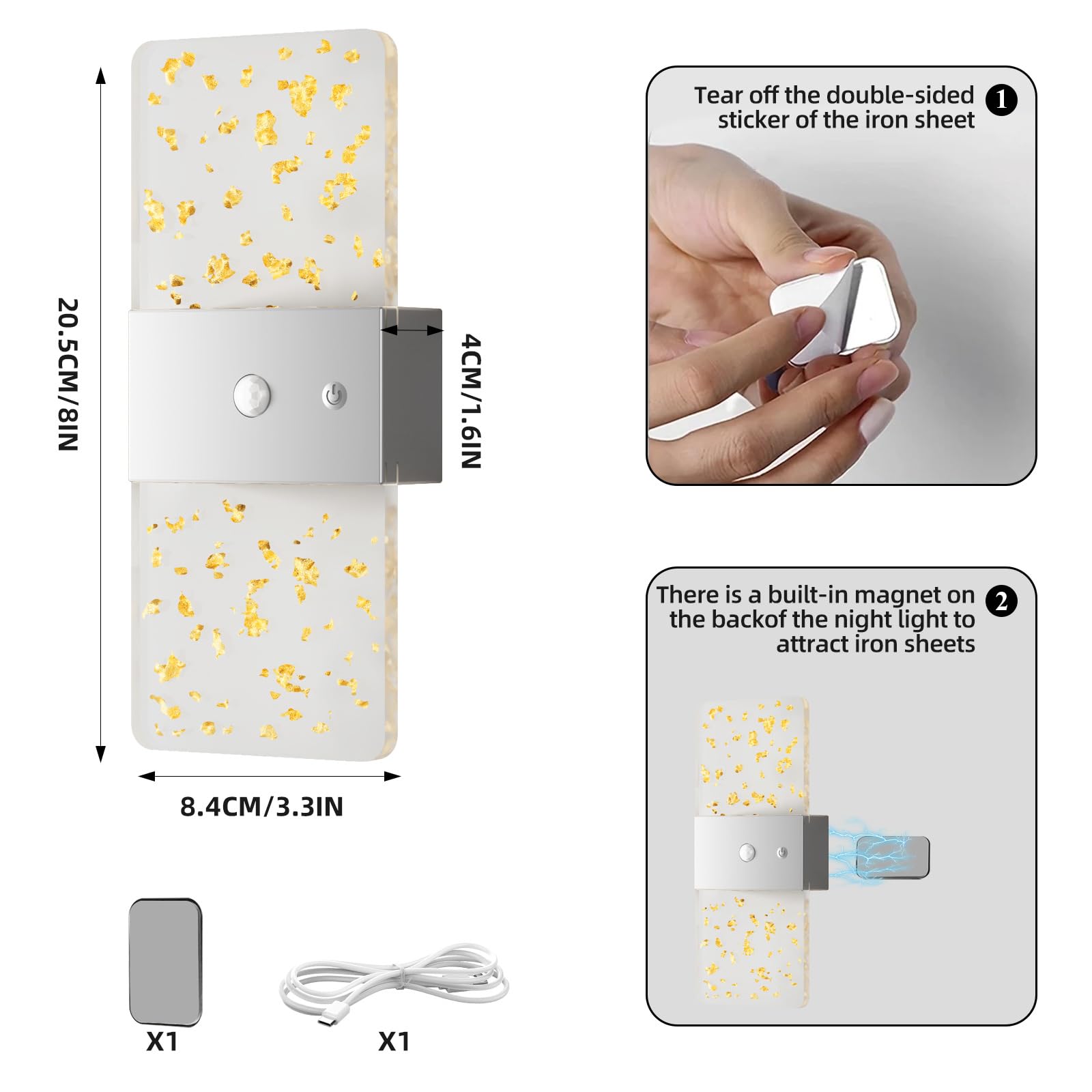 EaEa 2 Stück LED Acryl Wandleuchte mit Bewegungsmelder Innen Akku Wandlampe Ohne Stromanschluss Kabellos Nachttischlampe Touch Dimmbar Aufladbare 2600mAh Magnetische Wandbeleuchtung Ohne Bohren,Gold