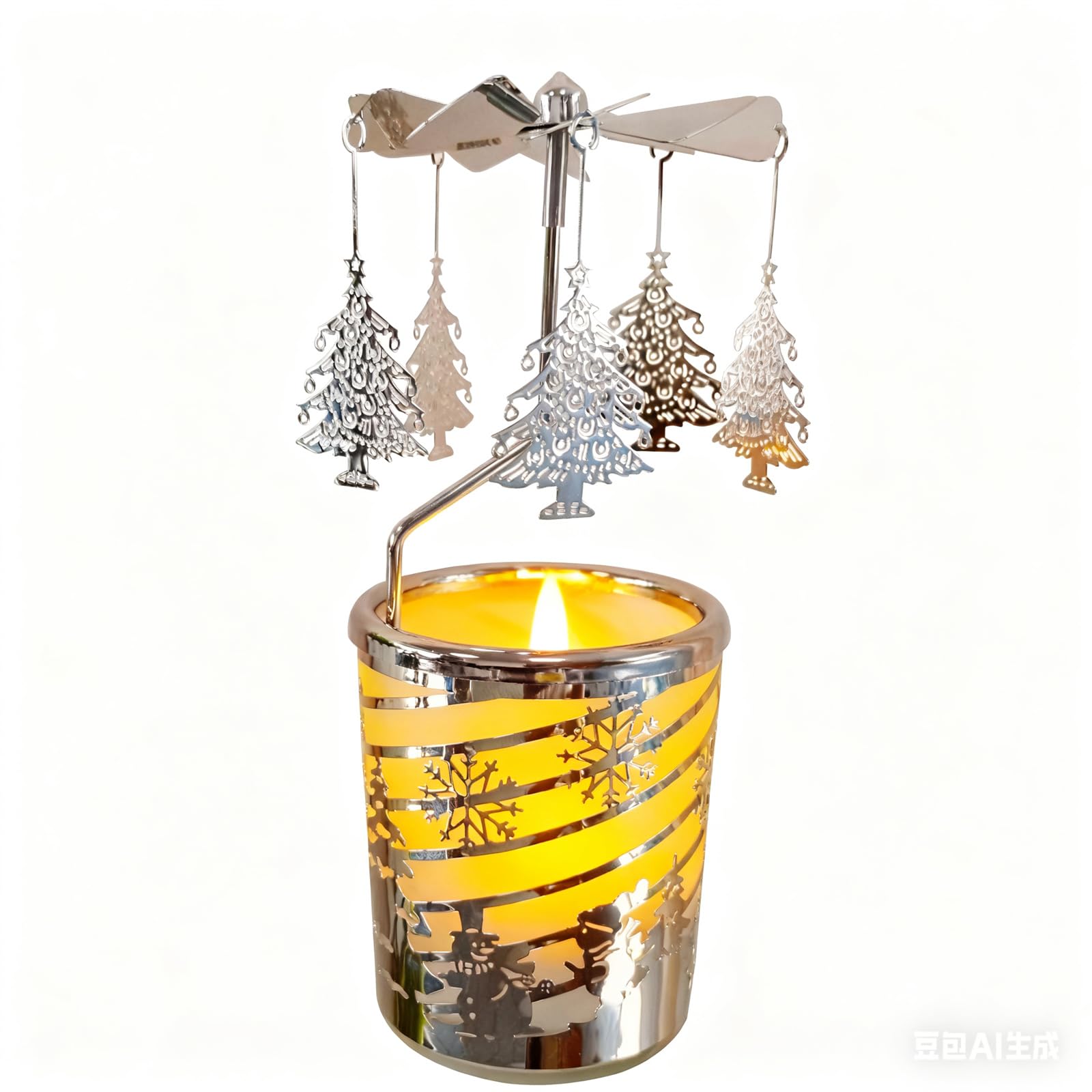 Qtnuerm Silver Christmas Tree Rotating Angel Tea Light Holder, 6.1 Inch Metal Candle Carousel, Christmas And Holiday Decorative Candle Holder (Silver Christmas Tree)