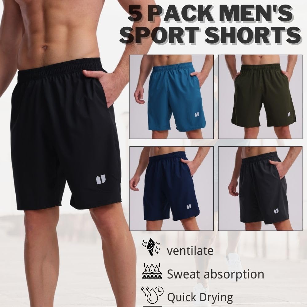 Bsrpolry, Confezione da 5 pantaloncini da corsa da uomo ad asciugatura rapida per jogging, pantaloncini sportivi da uomo con tasche e elastico in vita