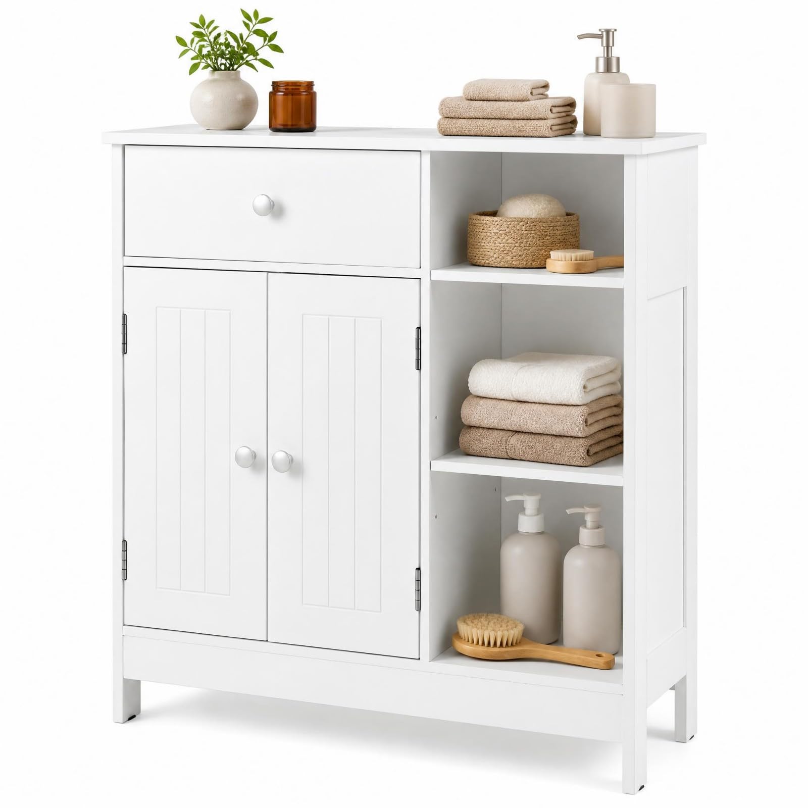 LIFEZEAL Meuble Salle de Bain Rangement avec Etagère Réglable, Armoire de Rangement sur Pied avec Tiroir et 3 Compartiments, Meuble de Rangement en Bois, 75 x 30 x 80 cm (Blanc)