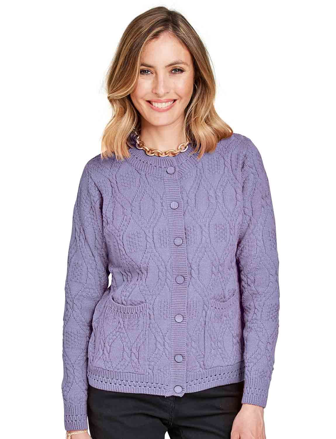 Chums Ladies Cable and Diamond Design Cardigan Knit Fabric with Patch Pockets Lavender 18-20