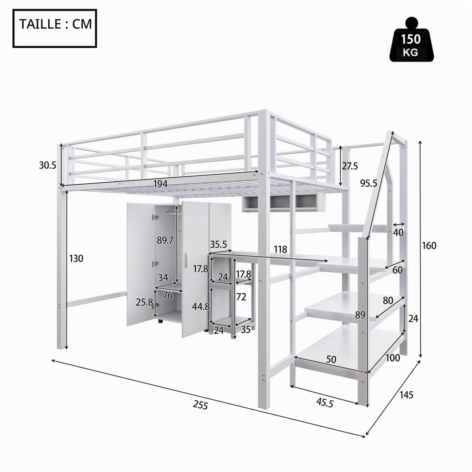 KOMHTOM 140x200cm Multifonctionnel Lit Superposé avec Armoire et étagère, Lit Surélevé avec échelle de Rangement et Bureau(sans Matelas) (Blanc)
