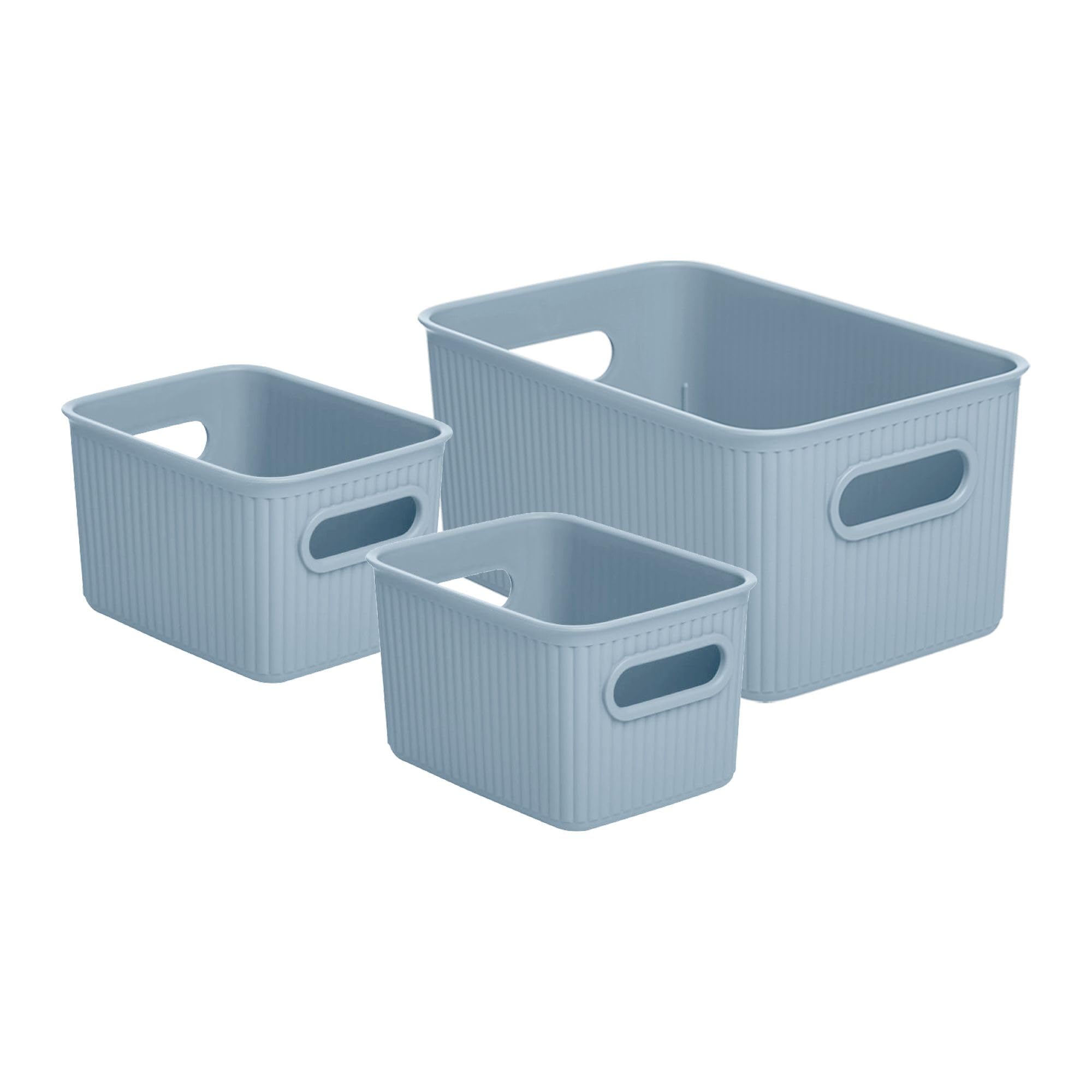 Decorative Plastic Basket Open Home Storage Bins Organizer Baskets, Blue (Set of 3) 1 Medium, 2 Small - Container Boxes for Organizing Closet Storage Bins for Shelves Drawer Shelf - Ribbed Collection