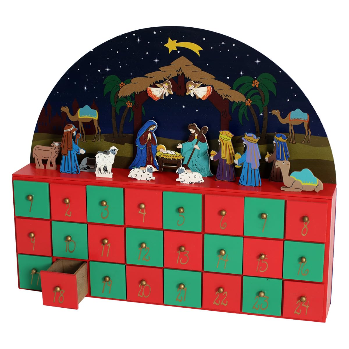 Adventskalender aus Holz mit 24 Schubladen – Countdown bis Weihnachten mit Krippe – Handgefertigte Urlaubsdekoration