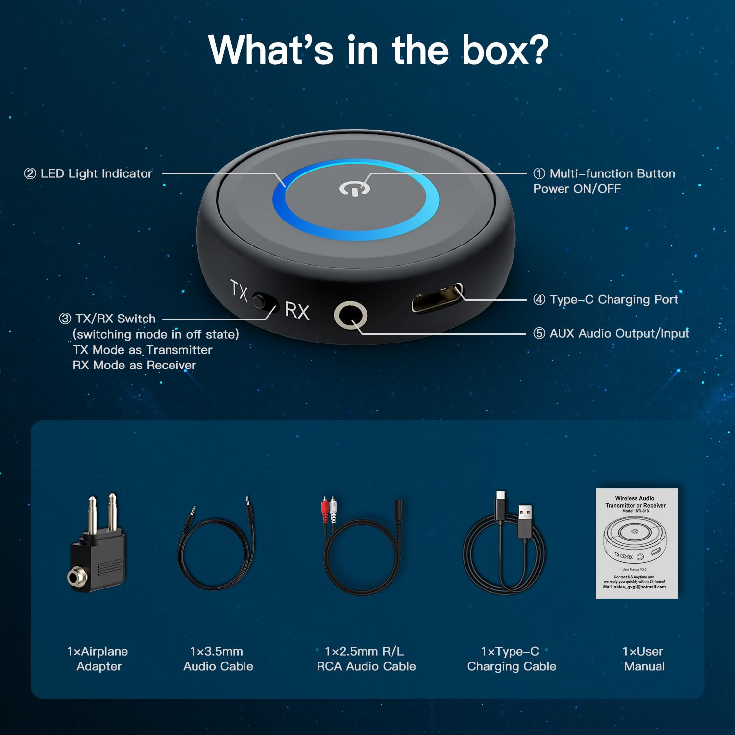BANIGIPA Ricevitore trasmettitore Bluetooth 5.3, ricevitore trasmettitore wireless 2 in 1 per TV/aereo/stereo domestico/altoparlanti/cuffie/auto, adattatore audio con jack AUX/RCA da 3,5 mm, Dual Link