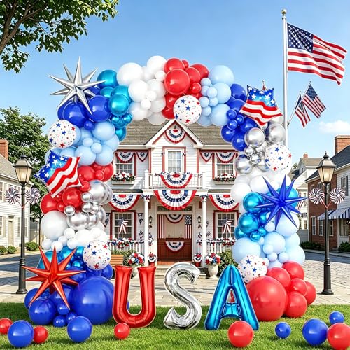 OTLGEUA 152Pcs 4th of July Balloon Arch Garland Kit Red White and Blue Party Decorations with USA Balloons for Patriotic Veterans Memorial Independence Day Nautical Baseball Birthday Party Decorations