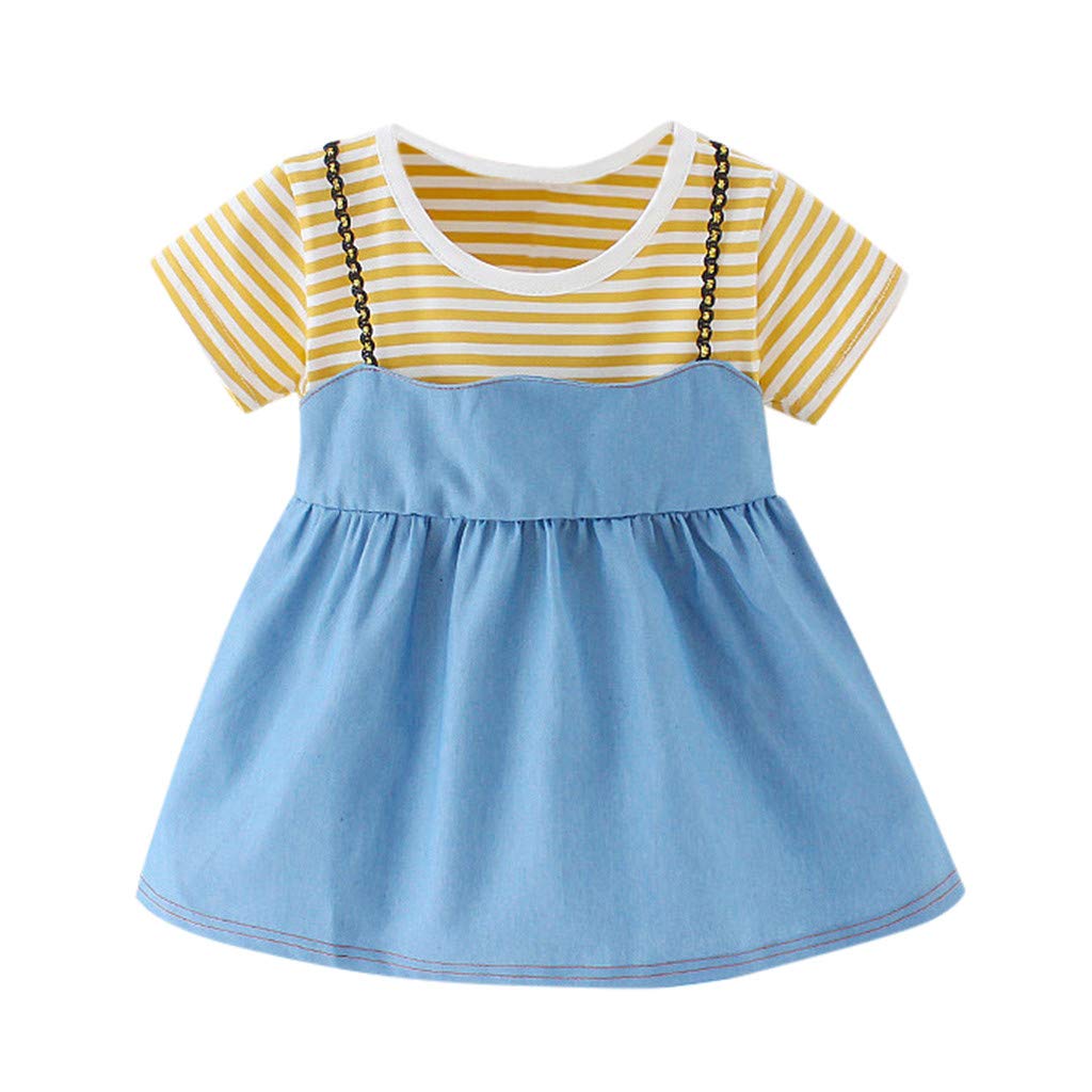 Lonshell Toddler Sundress for 0-24 Years Kids Girls Striped Printed Denim Dresses Party Casual Baby Princess Dress Clothing Short Sleeve Outfit Clothes