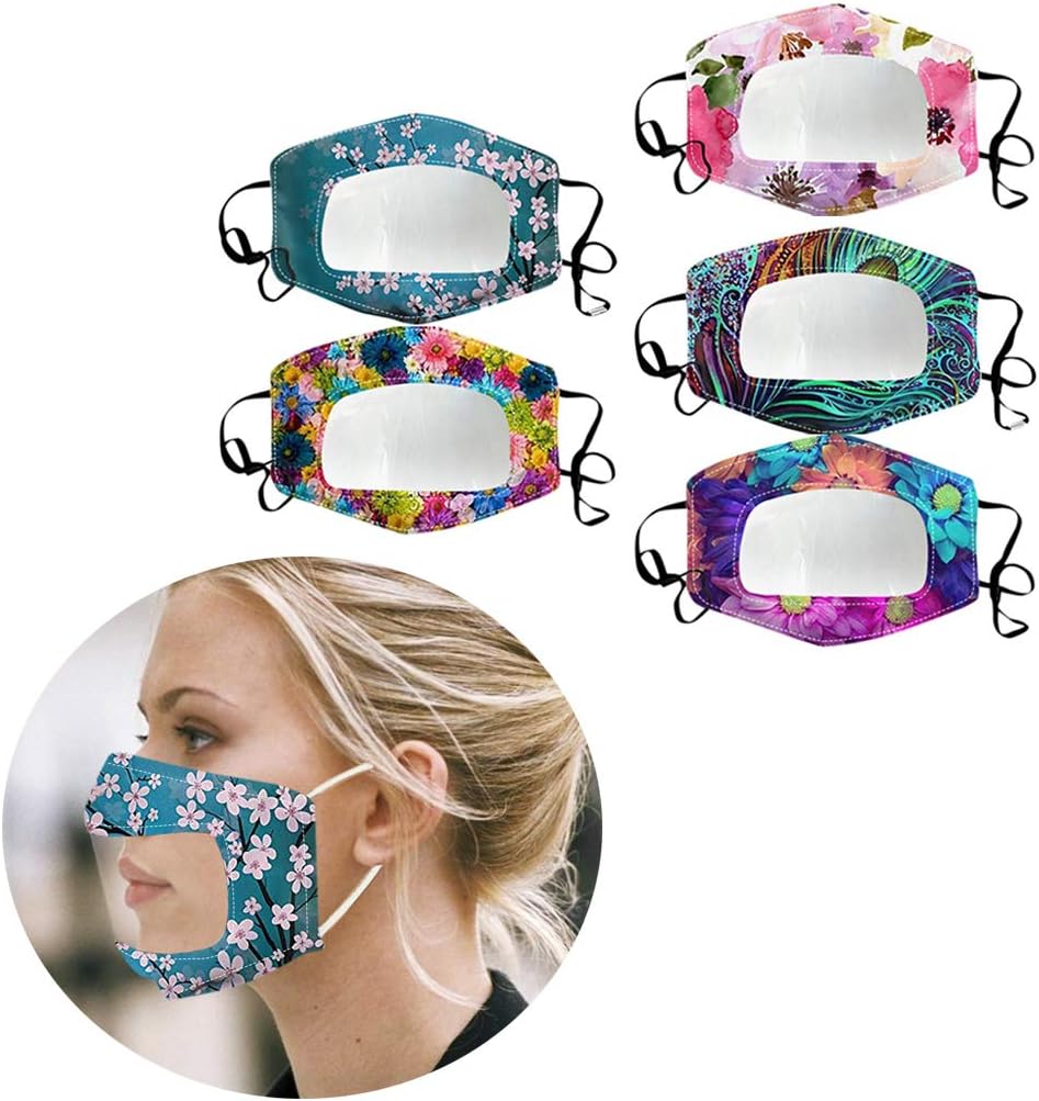 EvaFAST Breathable Facemasks Reusable Washable with Clear Window Visible Expression Lip Reading, for Adults and Deaf and Hard Of Hearing comfortable Lightweight Face Bandanas 5PACK (B)