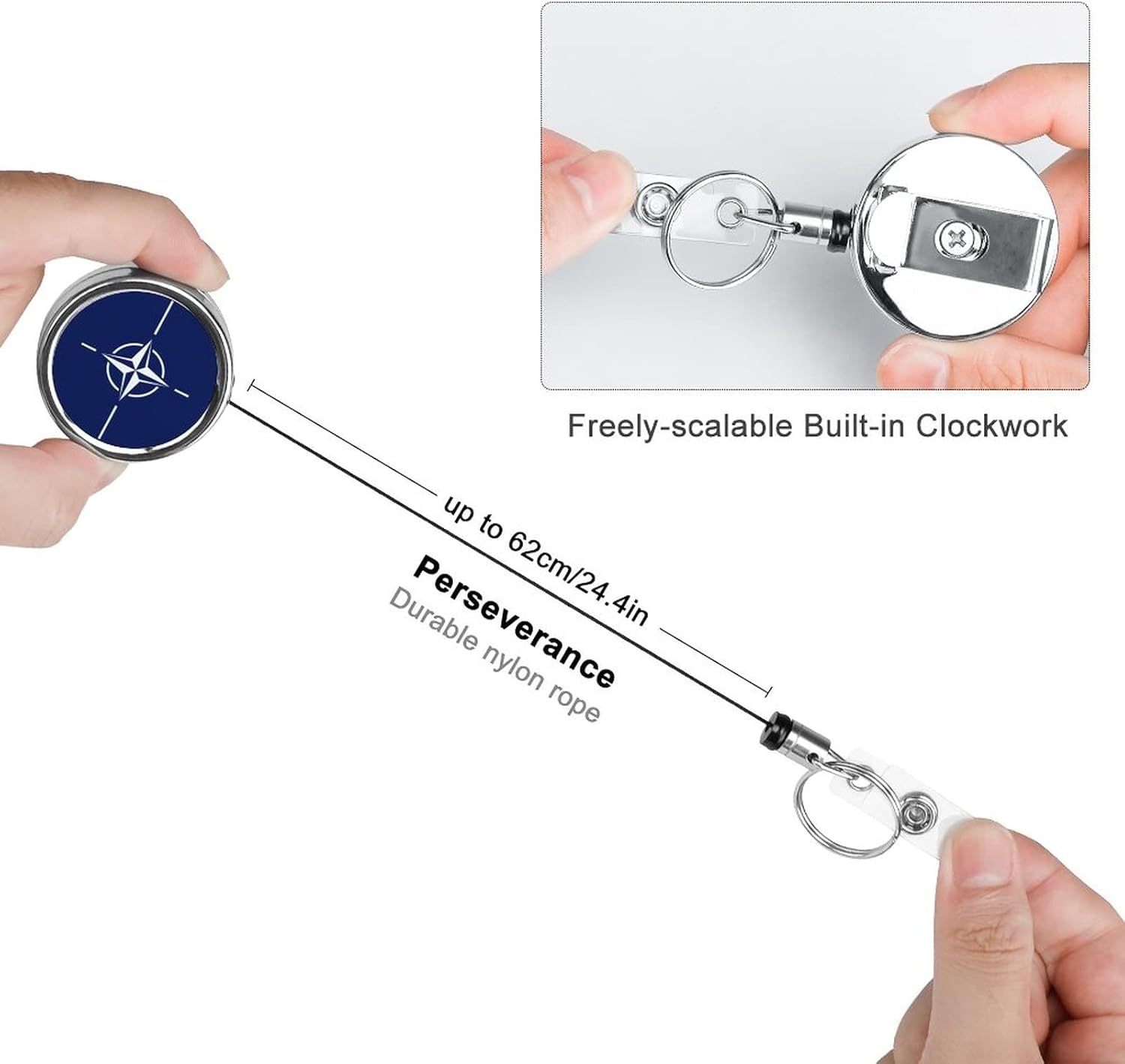 North Atlantic Treaty Organization Flag Retractable Keychain, 24.4in Retraction, Heavy Duty Badge Reel, Metal Badge Clip with Steel Cable, Key Ring and Badge Buckle