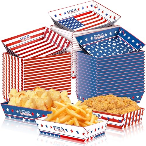 Geefuun 50Packs Fourth/4th of July Paper Food Trays Decorations Disposable Serving Plates Memorial Independent Labor Veterans Day Birthday Party Supplies Bulk