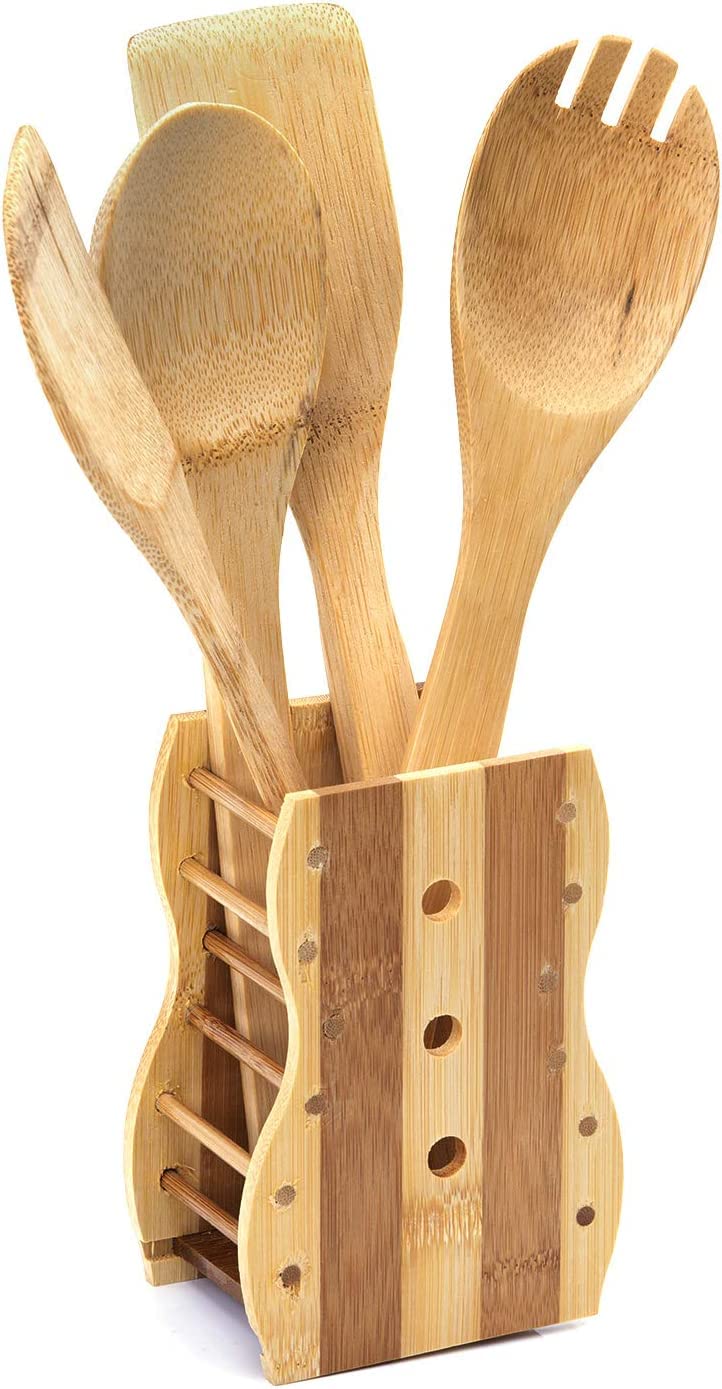ALSAQER-Organic Bamboo 5 Peice Kitchen Tool Set-Spatula,Turner,Slotted Turner,Serving Spoon,Rice Spoon And Holder-Nonstick Utensil Set-Non-Scratch Cookware Tools