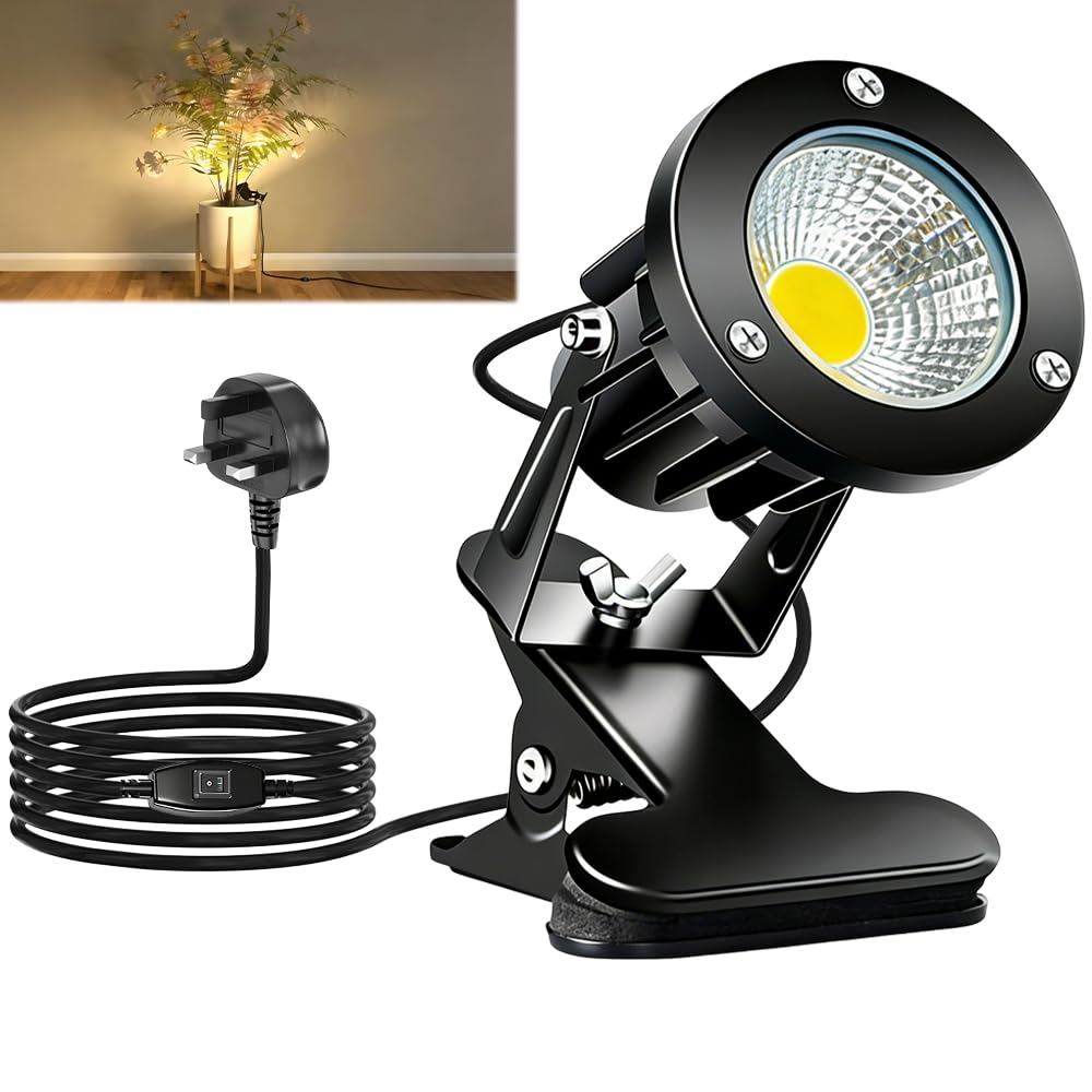 Rppiup LED Clip on Spot Light, 7W 3M Cord Clip on Lamp, IP65 Waterproof Spot Lights Clamp Lamp, Warm White 3000K Plant Spotlight Clip Light for Indoor/Outdoor Deck, Lawn, Yard, Garden, Billboard