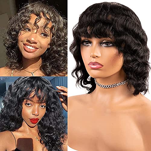 iShine Black Wavy Wigs with Bangs 100% Human Hair Wig Short Curly Wavy Bob Wigs 130% Density Body Wave Wig for Black Women 12 inch Glueless Wig with Free Wigs Caps-(Jet Black #1)