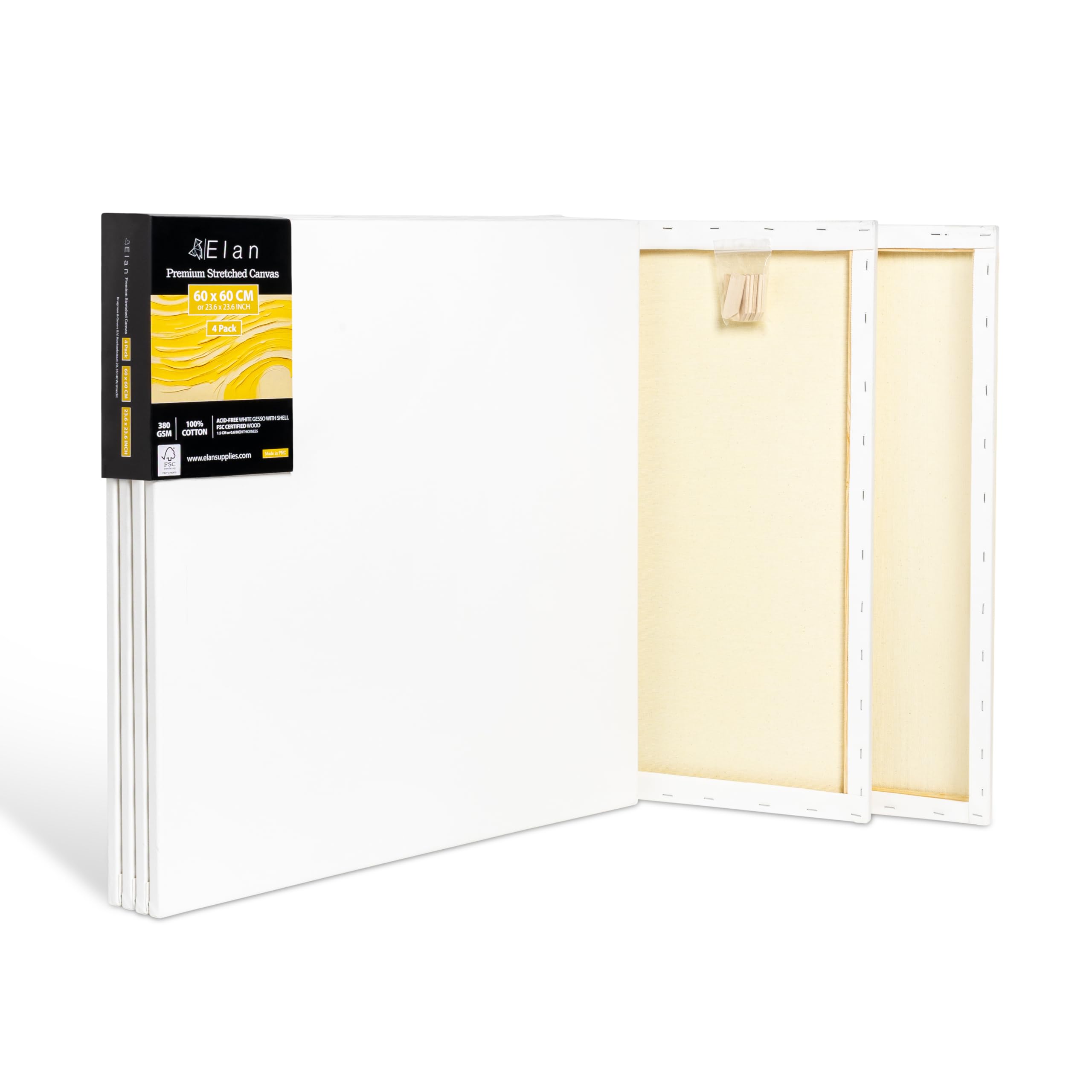 Elan Lienzos Preestirados 60x60 380gr, 4-PACK 100% Algodón Lienzos para Pintar Grandes, Canvas para Pintar, Lienzo 60x60 380 GSM, Large Canvas