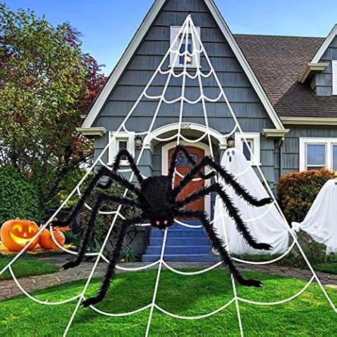 KUCHEY Halloween Decorations Outdoor 200'' Triangular Spider Web + 47'' Giant Fake Spiders, Halloween Decor Indoor Clearance for Home Outside Yard Costumes Party Haunted House Garden Lawn Cover