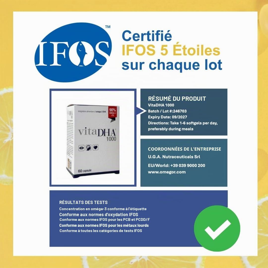 VitaDHA 1000 – Omega -3 Supplément alimentaire DHA - précieux pendant la grossesse et l'allaitement - alliée pour la santé du cerveau, cœur et vision - Saveur de citron - 60 gélules