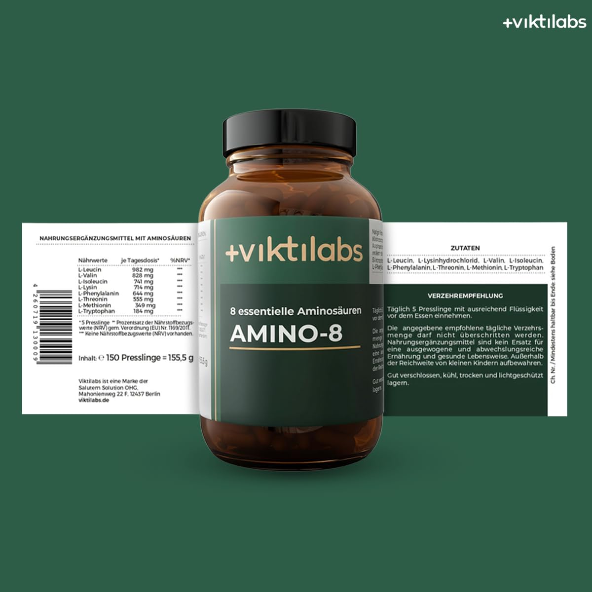 Amino 8 - Aminosäuren Komplex - Hochdosiert mit 998 mg Amino-8-Komplex pro Pressling - 5 Presslinge pro Tag - 150 vegane - ohne Zusatzstoffe
