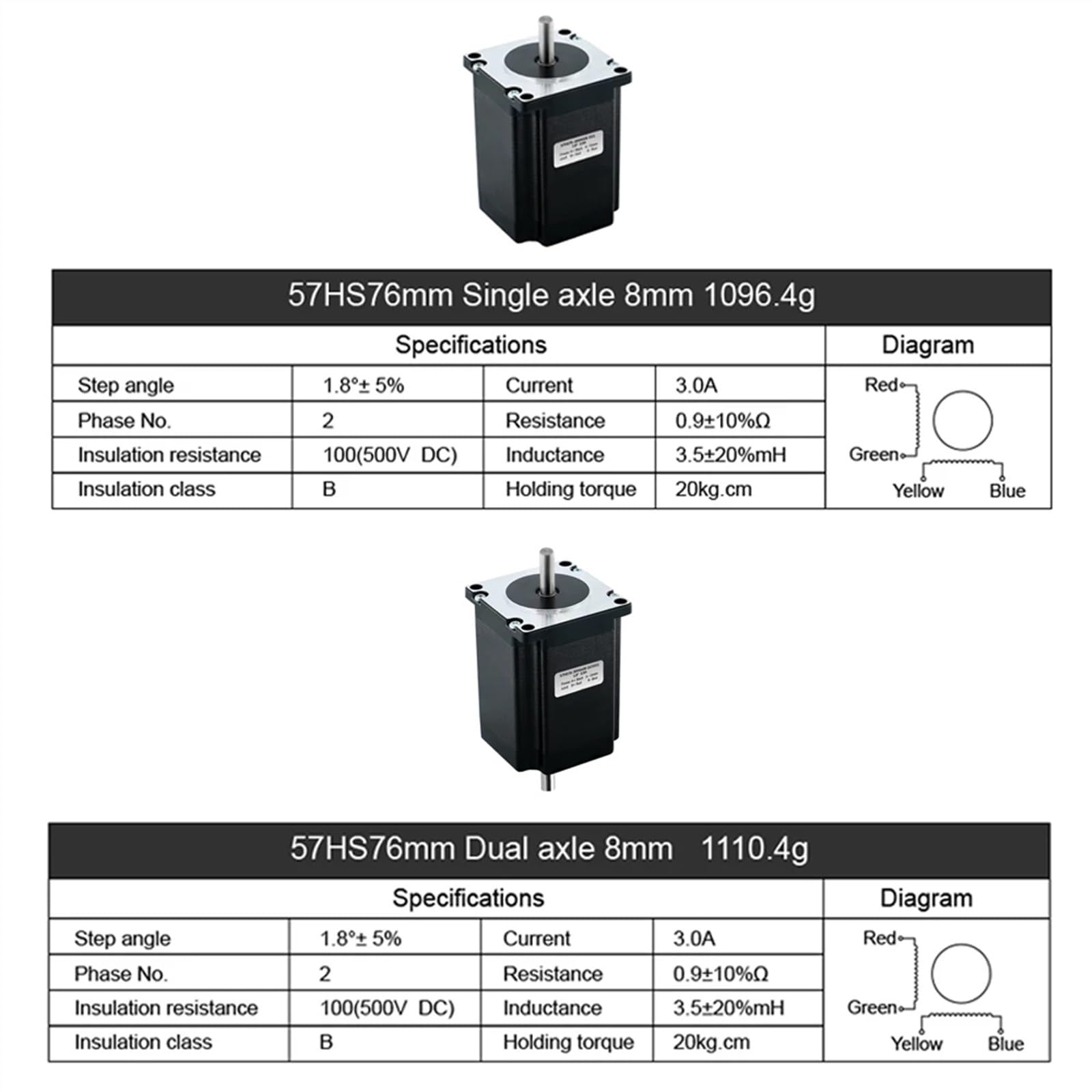 Moteur Pas à Pas Nema23 57HS76, 2 Phases, 4 Fils, 2N.m, 2,8a/3a, 76mm de Longueur, D 6.35mm/8mm, for équipement de Moniteur d'imprimante 3D(8mm Single Shaft)
