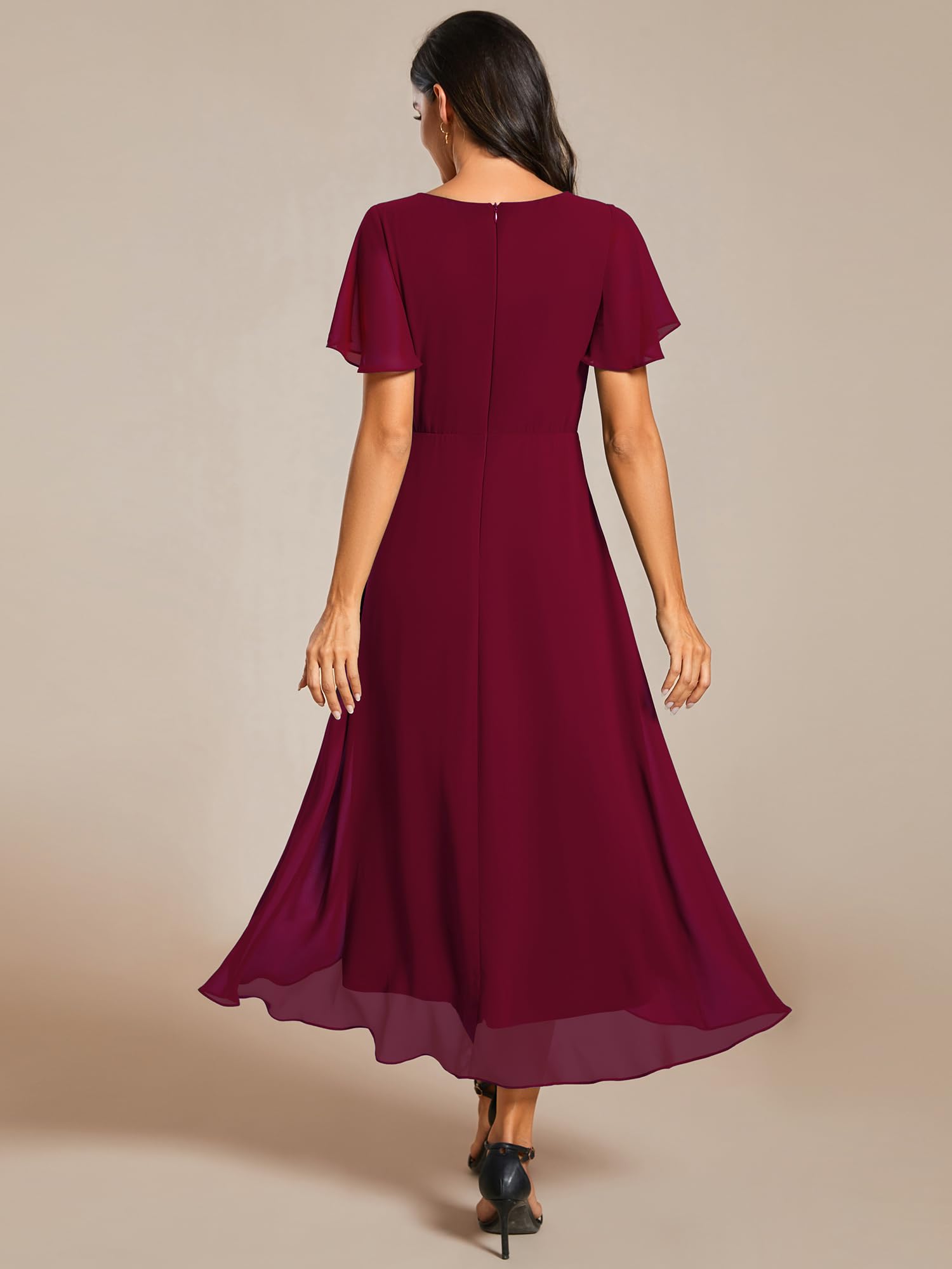 Ever-Pretty Robe D'Invité Jupe Trapèze Col en V Manches Volantées Robe Femme Chic Et Elegant Belle Robe Soirée Bordeaux 42